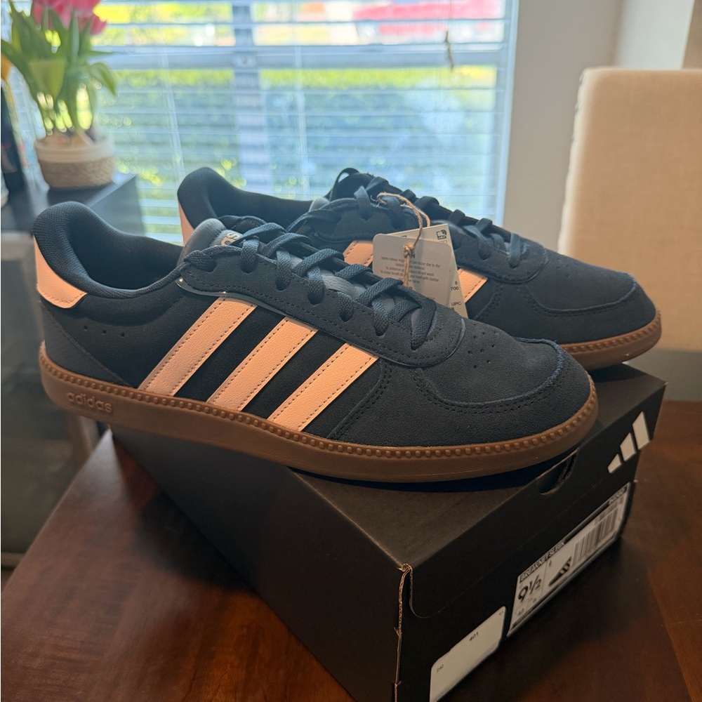 adidas Navy Suede Sneakers with Pink Stripes and Gum Sole